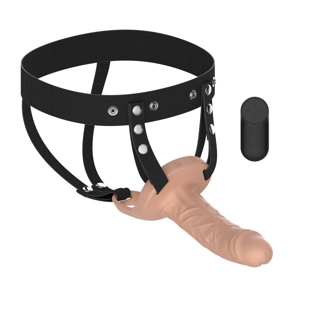 Passion Play Vibrating Realistic Hollow Strap-On -  -  15.5 cm USB Rechargeable Vibrating Hollow Strap-On with Wireless Remote
