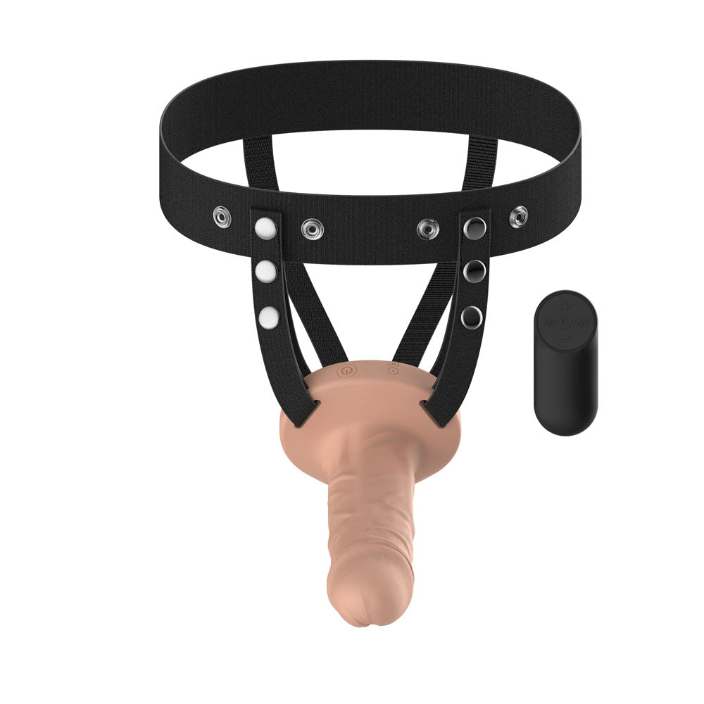 Passion Play Vibrating Realistic Hollow Strap-On -  -  15.5 cm USB Rechargeable Vibrating Hollow Strap-On with Wireless Remote