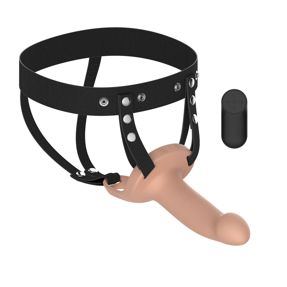 Passion Play Vibrating Smooth Hollow Strap-On -  -  15.5 cm USB Rechargeable Vibrating Hollow Strap-On with Wireless Remote