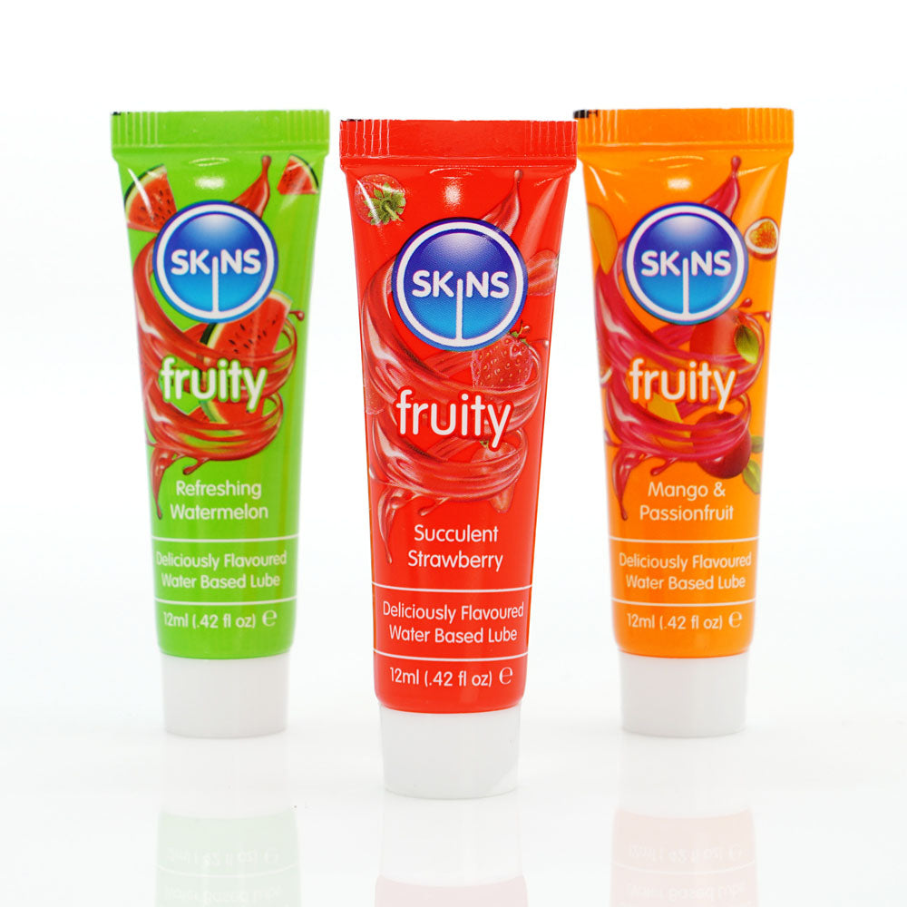 Skins Fruity Tubes - Watermelon, Strawberry, & Mango & Passionfruit Flavoured Lubricants - 12 ml Bottles