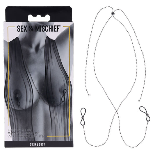 S&M Exs & Ohs Body Jewelry with Nipple Ties - Metal Chain with Nipple Ties