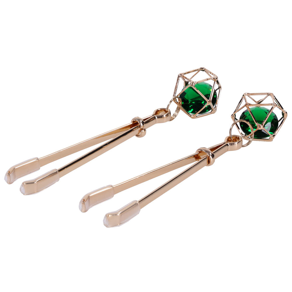 Sex & Mischief Indica Crystal Nipple Clips - Gold Nipple Clips with Emerald Gems