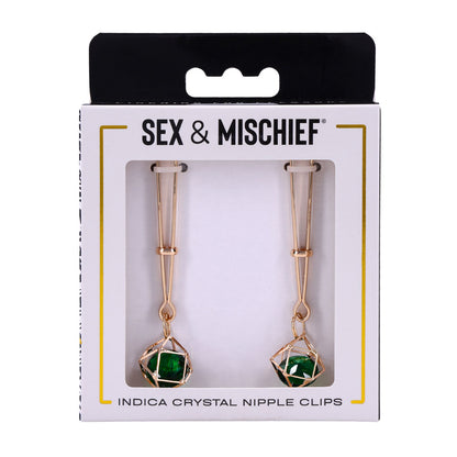 Sex & Mischief Indica Crystal Nipple Clips - Gold Nipple Clips with Emerald Gems