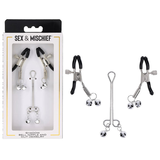 S&M Shadow Bell Nipple and Clit Jewelry - Metal Nipple Clamps and Clitoris Clamp