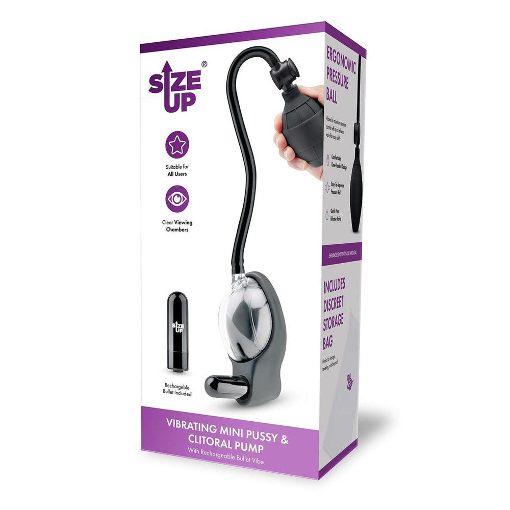 Size Up Vibrating Mini Pussy & Clitoral Pump -  USB Rechargeable Vibrating Vaginal and Clitoral Pump