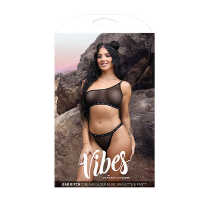 VIBES BAD BITCH One-Shoulder Bling Bralette & Panty