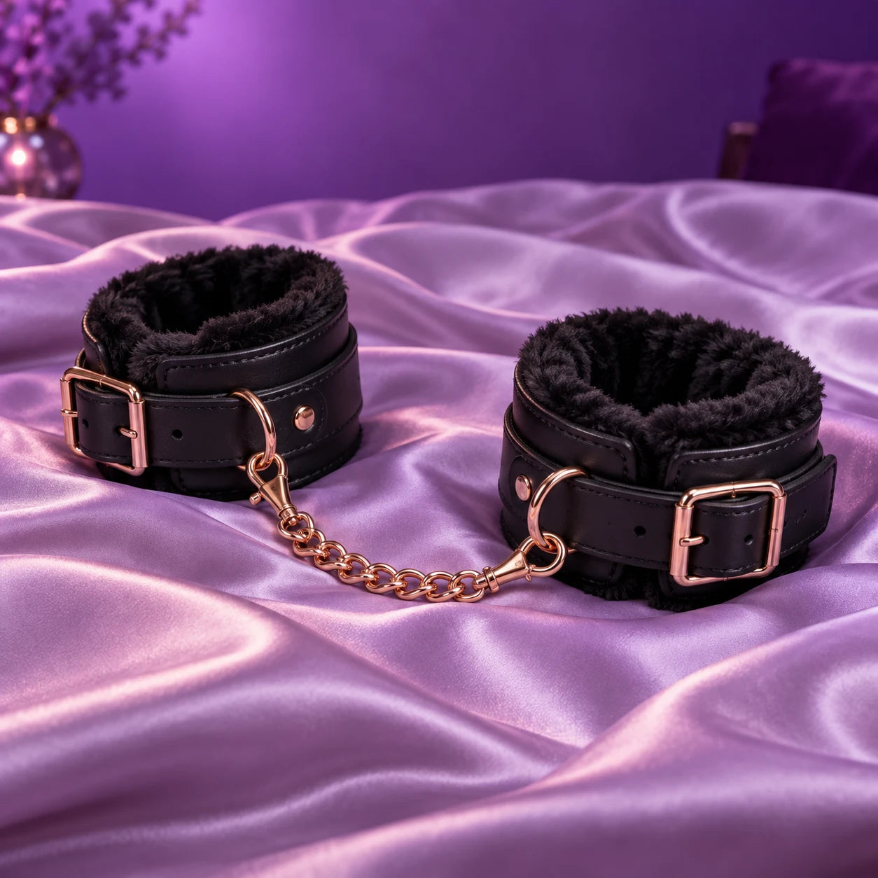 Black padded cuffs with rose-gold hardware on lilac satin