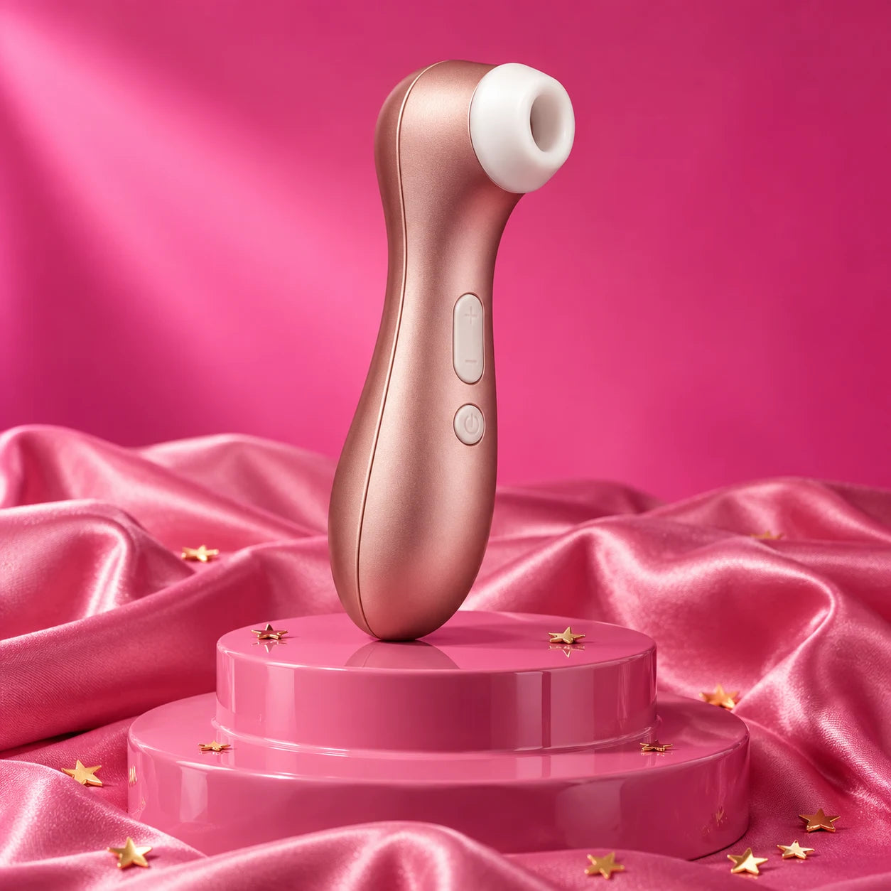 Rose-gold air-pulse toy on a pink podium