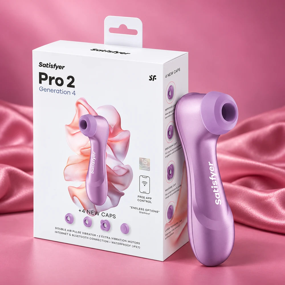 Amethyst Satisfyer Pro 2 Generation 4 standing beside its white retail box on a pink studio surface with satin behind it